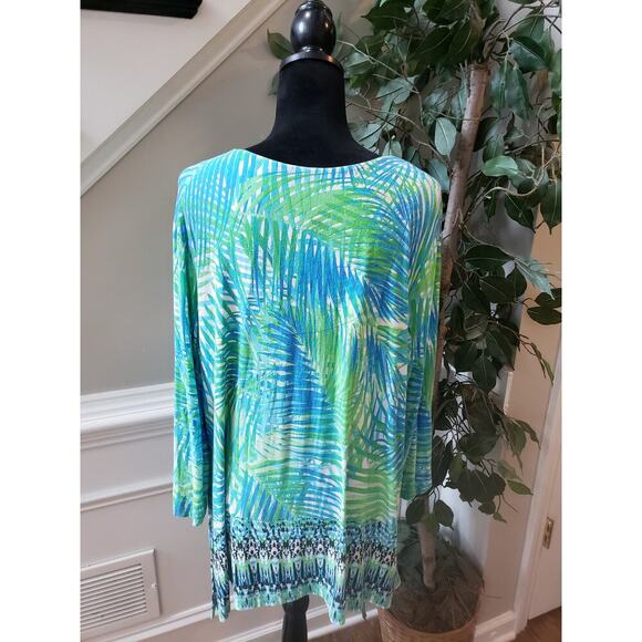 Ruby Rd. Blouse Top Womens XL White Blue Palm Leafs Side Slit Keyhole Round Neck - Picture 4 of 13